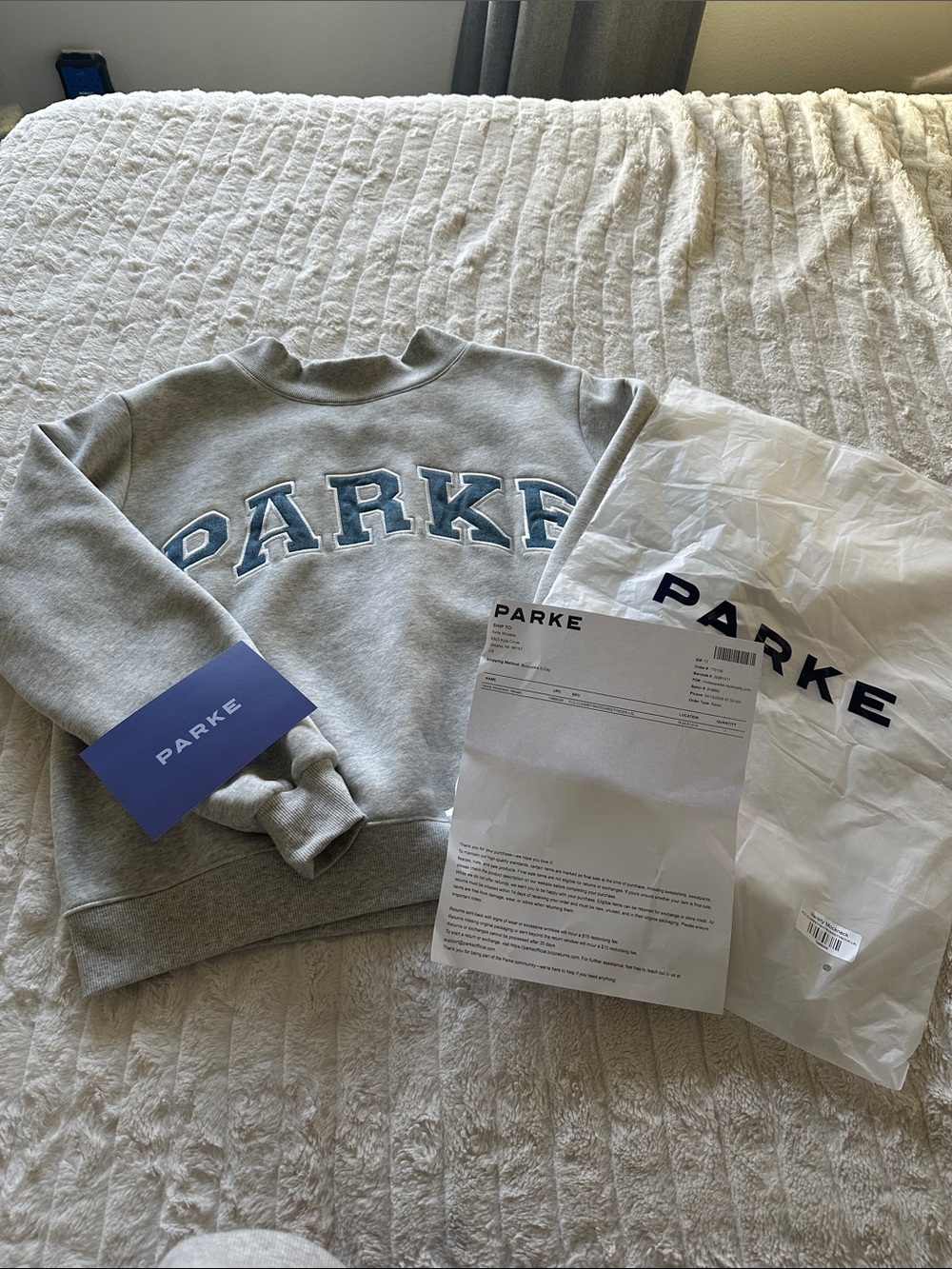 Parke Light Gray Sweatshirt with blue Lettering